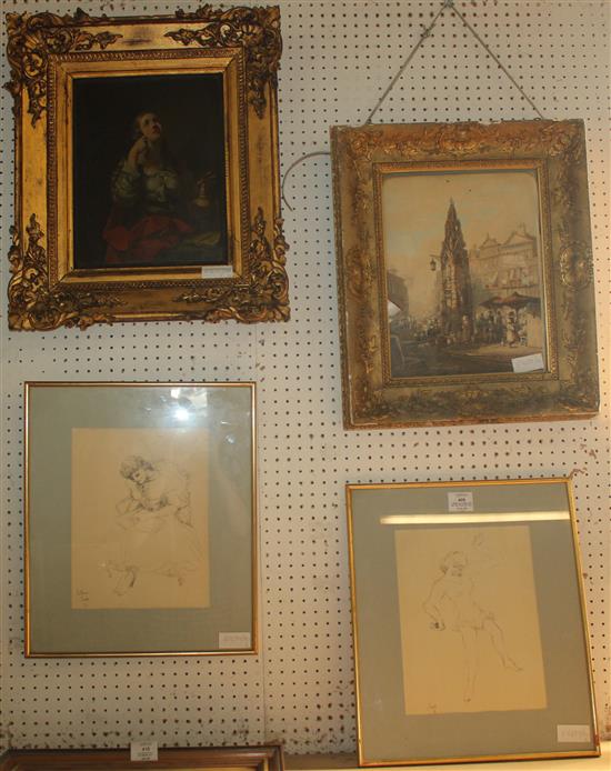 Classical oil, town scene and two figure sketches